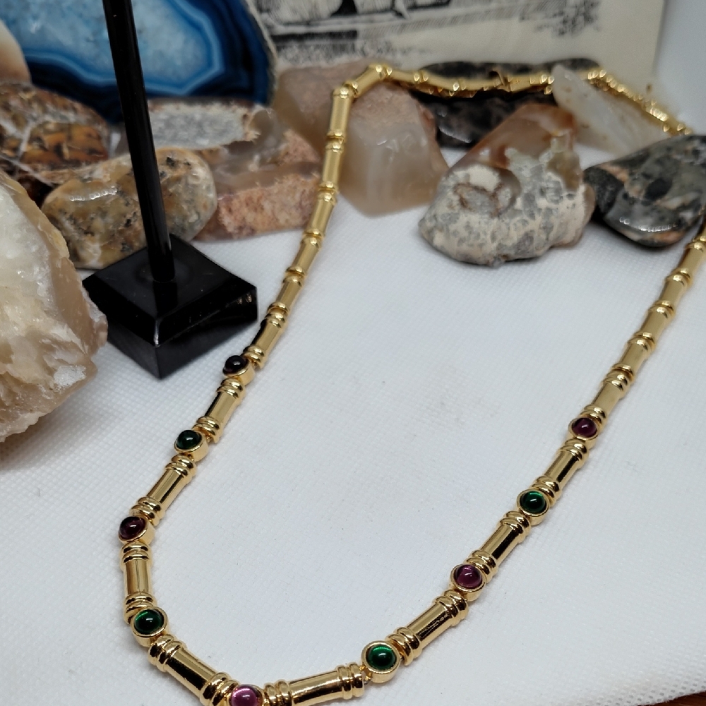 Vintage Gold Tone Necklace with Green and Purple Cabachond Signed PC